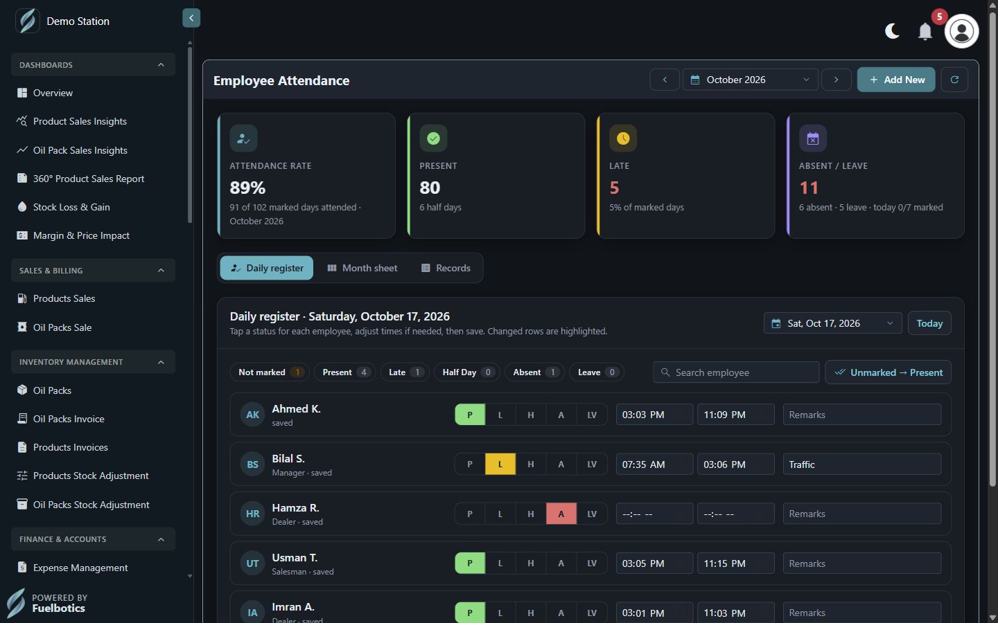 Employee attendance screen